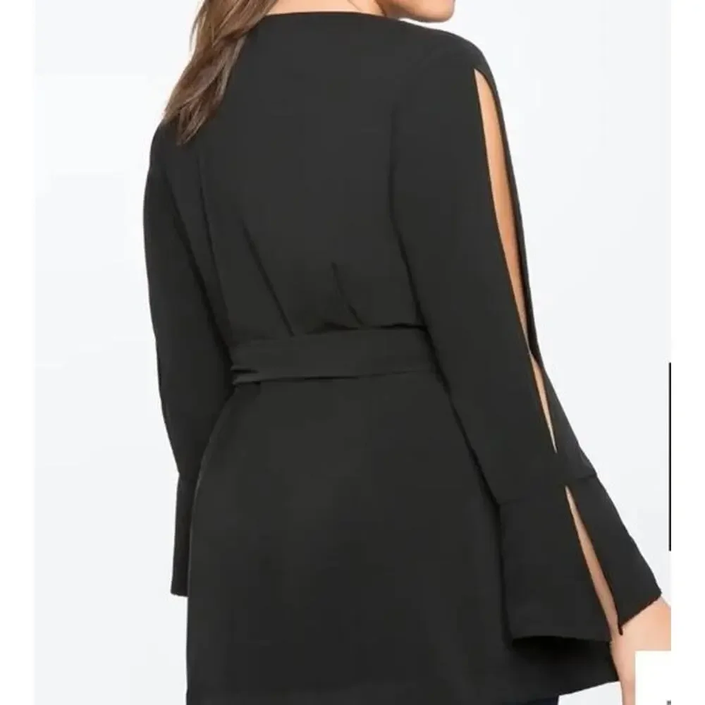 Eloquii Black Split Long Sleeve Tie Belt Wrap Top - Picture 2 of 12